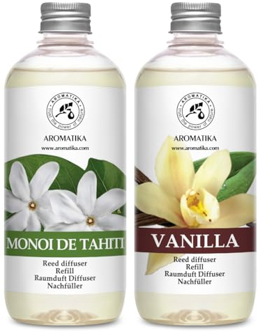 Raumduft Diffuser Nachfüller Monoi de Tahiti & Vanille 1L - 2x500ml - Nachfüller Set für Duftdiffusor - Reed Diffuser Refill - Raumbeduftung - Zimmerduft - Diffuser Nachfüllen - Raumluft