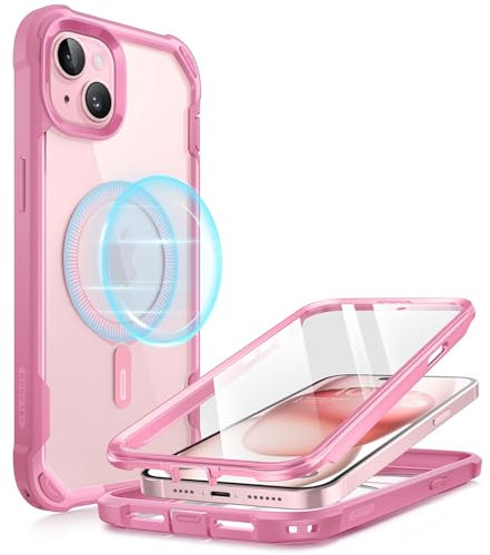 i-Blason AresMag for iPhone 15 Plus Case [6.7 inch], [MagSafe Compatible] Full-Body Dual Layer Anti-Slip Shockproof Rugged Clear Bumper Case with Built-in Screen Protector (Pink)