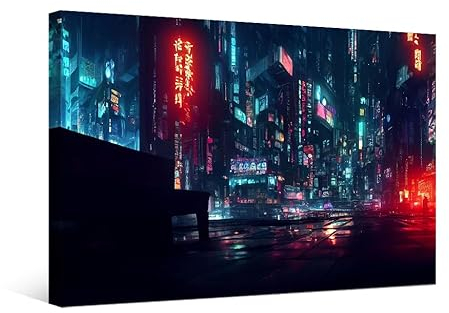 Cyberpunk Leinwand-Kunst-Poster und Drucke, Kunstwerk, Stadtbild, Cyberpunk City bei Nacht, Heimdekoration, gespannte Leinwand, Cyberpunk-Stil, Bild für Wohnzimmer, Schlafzimmer, Heimbüro, Dekoration,