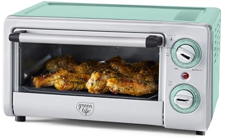 GreenLife Toaster, Ofen, Luftfritteuse, Edelstahl, gesunde Keramik-Antihaftbeschichtung, PFAS- und PFOA-frei, Tablett und Korb, Backen, Braten, Aufwärmen, einstellbare Temperatur und Zeitsteuerung,