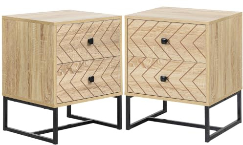 HOMCOM Bedside Table Nightstand Two-Drawer Bedroom Storage Unit Zig Zag Design with Black Metal Handles, Set of 2, Natural