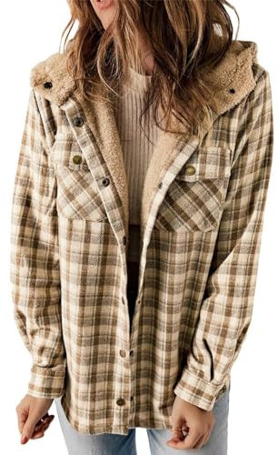 MAVIS LAVEN Damen Karierte Shacket-Jacke mit Knopfleiste, langärmlig, Fleece-Kapuzenjacke, warmer Mantel