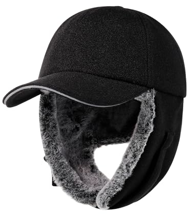Gisdanchz Mütze mit Ohrenklappen Herren Damen, Winter Cap Basecap Wintermütze Herren mit Ohrenklappen, Schirmmütze Winter Ohrenschützer Fliegermütze Trappermütze, Schwarz 58CM