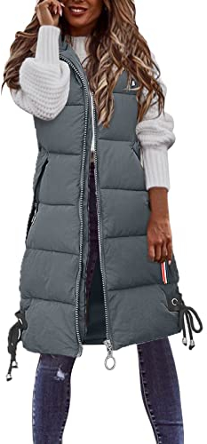 Damen Lang Weste Steppweste Winter Daunenweste Übergangsweste Warmer Daunenmantel Hooded Frauen Softshelljacke Mit Kapuze Leicht Ärmellos Jacke mit Reissverschluss Taschen Wintermantel Winterjacke