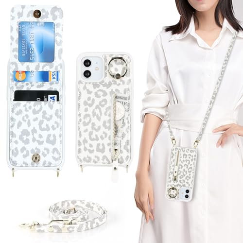 Zouzt for iPhone 12 Mini Case with Cord iPhone 12 Mini Card Holde Case 12 Mini Zipper Wallet Case iPhone 12 Mini Case with Lanyard Ring Adjustable Necklace Phone Cover for Women - White Leopard