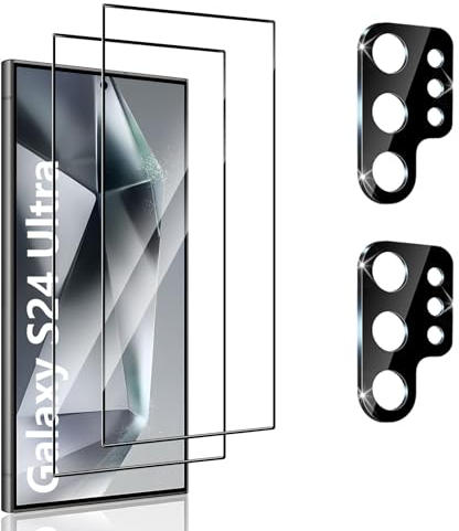 Yanwom [2+2 Piezas Protector de Pantalla para Samsung Galaxy S24 Ultra Cristal Templado + Protector de Lente de Cámara, Sin Burbujas, 3D Antiarañazos, 9H Dureza Vidrio Templado Film Protection