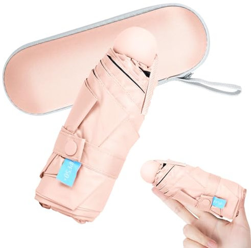 Travel Mini Umbrella with UPF50+ Protection, Small Folding 8 Ribs Compact Umbrella Windproof Strong with Storage Case, Sun Rain Lightweight Portable Pocket UV Parasol Suitable for Girls Women Purse