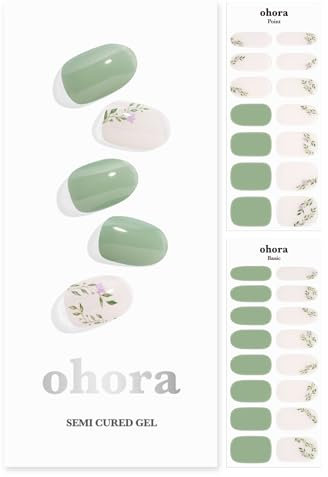 ohora Semi Cured Gel Nail Strips (N Spring Garden) - Salon-Quality, Long Lasting, Easy to Apply & Remove - Includes 2 Prep Pads, Nail File & Wooden Stick