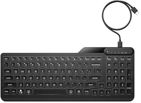 HP 400 Teclado QWERTY Español con Cable (12 Teclas Programables, Teclas Silenciosas, 3 Niveles de Retroiluminación LED, Cable USB-C y un Adaptador USB-A), Color Negro