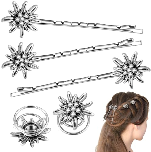 Xinnun 5 Stück Traditionelles Strass Edelweiß Haarschmuck Elegante Trachtenschmuck Damen Wellenform Haarspange Federklemmen für Bayerisch Bierfest Dirndlschmuck Trachten Dirndl Accessoires(Silber)