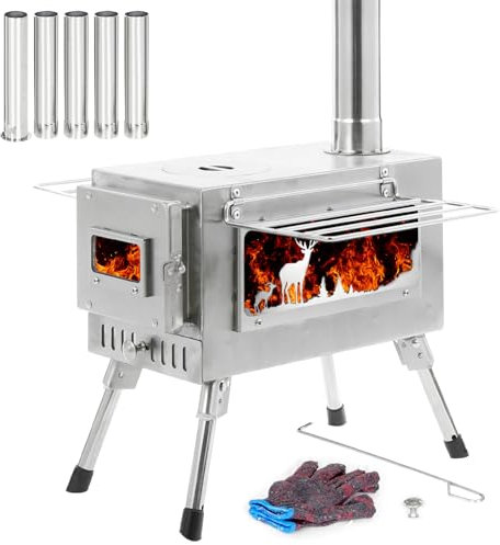 HUIOP Poêle à Bois d'extérieur Portable, Poêle de Tente en Acier Inoxydable avec Tuyau de Cheminée pour Camping et Chauffage Extérieur