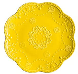 Snowflyk Fruit Plate Fruit Tray,Ceramic Glaze Dish, Round Lace Embossed Cake Snack Cheese Plates Flat Plate Side Plates (Golden Yellow 8 in)