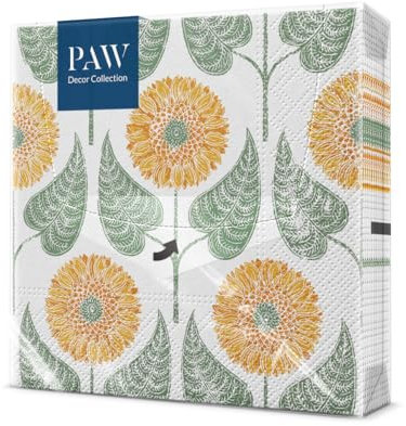 PAW - Servietten 3-lagig (33 x 33 cm) I 20 Stück I Perfekt für Geburtstag, Partys, Meetings I Herbst Tischdekoration I Bunte Papierservietten - Sonnenblumen Gelbe Blätter I Sunflowers Pattern