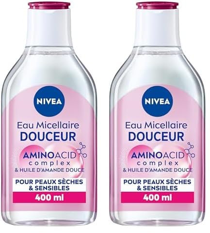 NIVEA Eau Micellaire DOUCEUR Peaux Sèches et Sensibles (1 x 400 ml), démaquillant enrichi aux micelles et acides animés sans parfum, nettoyant visage yeux & lèvres (Lot de 2)