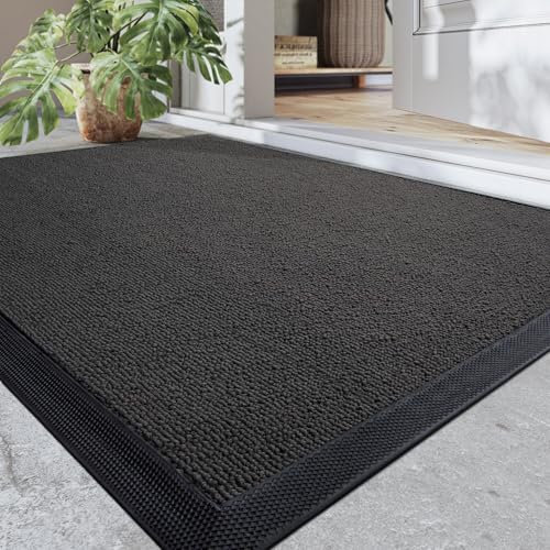 DEXI Schmutzfangmatte Innen, rutschfest absorbierend Fußmatte mit Gummiboden, waschbar dünn Fussmatte Türmatte Fußabstreifer für Eingang, Haustür, Patio, 60 x 90 cm, Grau