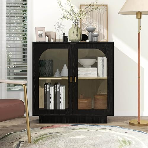 Buffet avec Portes Vitrées, étagère Réglable, Armoire à Deux Portes, avec éléments Cintrés, longueur 80 cm, Chêne Clair, Meuble d'appoint pour Chambre à Coucher, Bureau, Salon, Entrée, Blanc/Noir