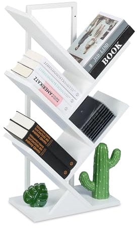 Relaxdays Bücherregal, 4 Ebenen, HxBxT: 71 x 40 x 21,5 cm, Baum-Design, Bücher, CDs, Dekoregal, Wohnzimmerregal, weiß