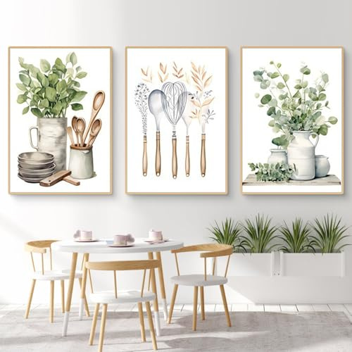 Uixxducc Moderne Poster Set 3er Elegant Küche Bilder Aesthetic Boho Deko Wandbilder Küche Grün Wanddeko Wohnzimmer & Küche & Esszimmer Deko Bild Ohne Rahmen