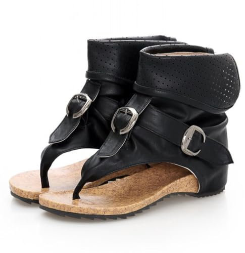 BWGHBH Stivaletti Di Sandalo Estivi da Donna-Sandali Piatti da Gladiatore Vintage-Eleganti Infradito Stivali Leggeri con Suola Morbida(Nero.EU38)