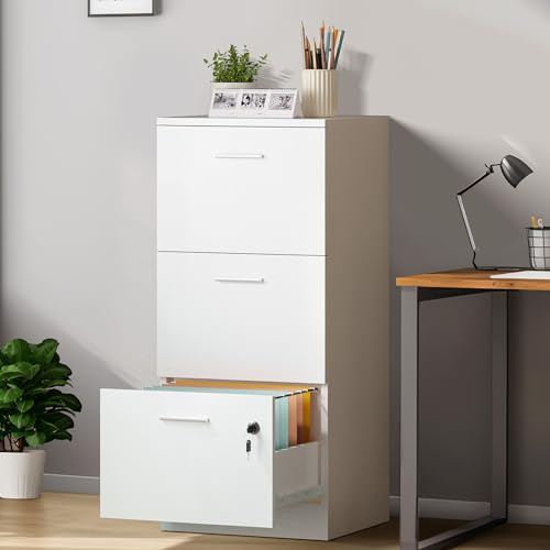 YITAHOME 3-Drawer Lockable File Cabinet for Home Office, White | Filing Cabinet Storage Vertical Lockable Home Office Organizer for A4, Letter