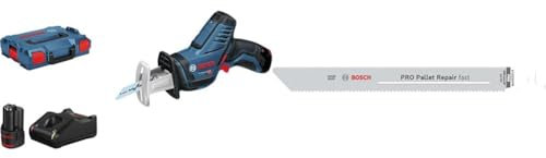 Bosch Professional 12V System Akku Säbelsäge GSA 12V-14 (inkl. 2 Sägeblätter, 2x 3.0Ah Akkus & Ladegerät) + 5x PRO Pallet S1022HFR Repair fast Säbelsägeblatt (für Stahl, Holz mit Nägeln, Länge 200 mm)