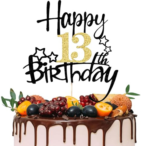 Torytoe Tortendeko 13 Geburtstag, Happy 13th Birthday Cake Topper Kuchen Topper 13 Geburstagstorte Deko für Junge Mädchen (Schwarzes Gold)