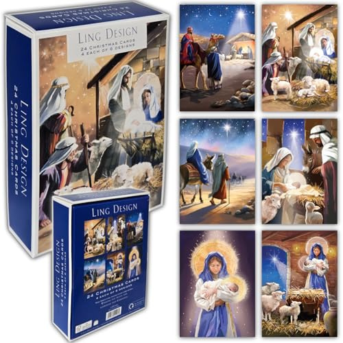 Ling design Premium Box of 24 Assorted Christmas and Happy New year Cards - 4 Each of 6 Designs - Great British Card Company (Religious Selection)