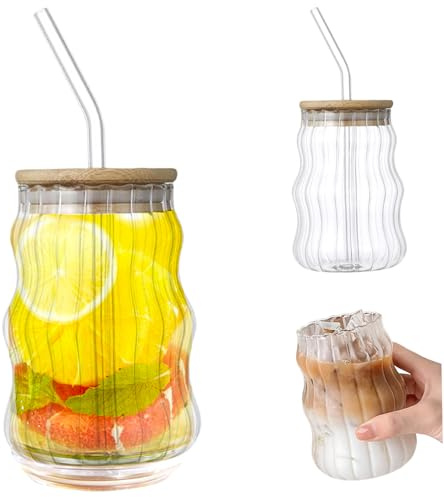 530 ml Ripple Glass Coffee Tasse mit Deckel & Stroh, hitzebeständig für Eistegetränk, Saft, Tee