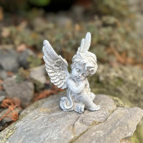 2 Antik Graue Grabengel 11 cm - Träumende Engel Figuren für das Grab | Wetterfeste Trauerdekoration für Urnengrab und Friedhof, nostalgisches Design, ideal für Allerheiligen und Gedenkstätten