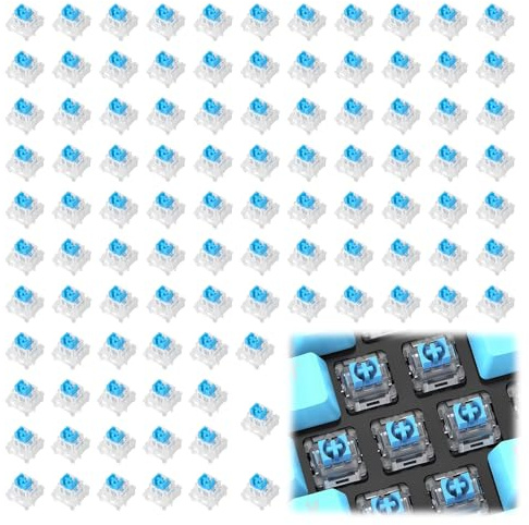 100 Mechanical Keyboard Switches,Blue Switches with 3-Pin Transparent Caps,Dustproof and Waterproof,Kkeyboard Keys Suitable for DIY Kits,LED Keyboards,Gaming Keyboards,Etc