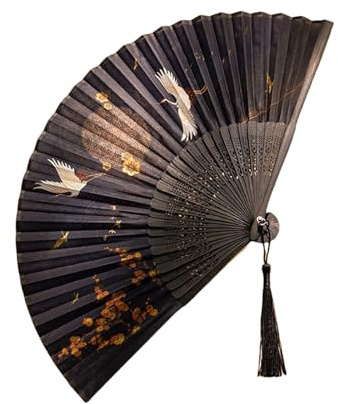 OOLA.DETAL Éventail pliant chinois élégant avec motif grues Style ancien en bois et tissu avec pompons