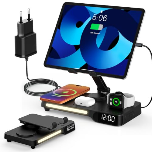 Wireless Charging Station, 7 in 1 Multiple Charger Stand for Multi-Device | Charger Stand with Alarm Clock, Night Light, Mag-Safe Charging Dock for iPhone, Apple Watch and Airpods, for bedroom & office