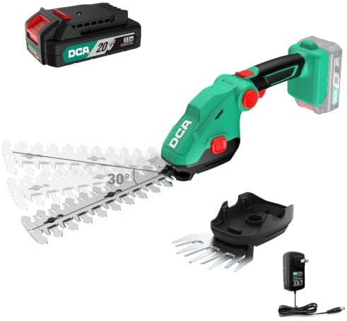 DCA Cisaille à Gazon sans Fil 20V,Taille-Haie et Coupe-Bordures 2 en 1 | Lame Gazon 100mm et Lame Arbustes 200mm, Moteur 2400 tr/min, Angle Réglable 3 Position