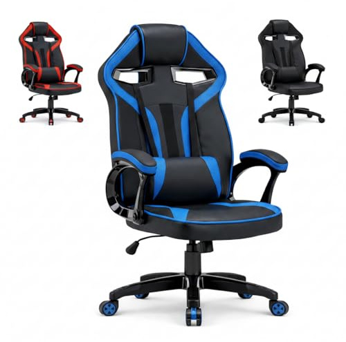CDF Silla Gaming Drift Azul – Silla de Oficina ergonómica giratoria 360° para PC, Polipiel + Espuma Mesh, Mecanismo Tilt, pistón de Gas Regulable, 2 Cojines, Ruedas de Goma silenciosas