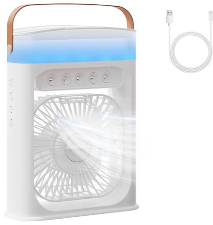 Climatizzatore mobile, raffreddatore d'aria portatile 4 in 1, ventilatore USB, 3 velocità, 3 modalità di nebulizzazione, serbatoio dell'acqua da 600 ml, 6 colori, luce notturna, condizionatore d'aria