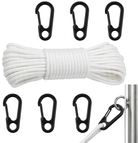 Flag Pole Rope, Professional Halyard Kit with 6 Clips, 20m 6mm Nylon Cord for Outdoor Installation, Marine Applications and Garden Projects, Durable White Rope Solution