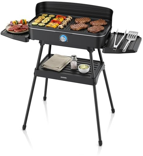 Arendo - Tischgrill Elektrogrill Edelstahl – 2200W Leistung – Gleichmäßige Temperaturverteilung – Geteilte Garflächen – Antihaft-Beschichtung – Standfuß mit Ablage – Spritzschutz – Für Balkon Terrasse