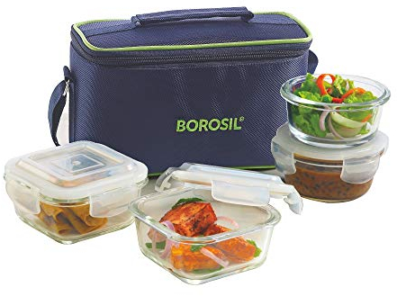 Borosil Lot de 4 Boîtes Hermetiques Alimentaires à Déjeuner Universelles en Verre, Boîtes Repas (2 pièces de 320 ml + 2 pièces de 240 ml) - Passent au Micro-ondes et au Bureau