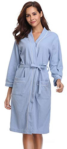 Vlazom Waffle Dressing Gowns Unisex Kimono Robe Cotton Lightweight Bathrobe for All Seasons Spa Hotel Sleepwear - Blue-style a - XL