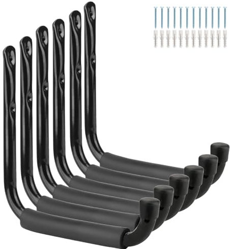 Heavy Duty Steel Garage Storage Hooks, 9.5Inches Jumbo Arm Ladders Utility Rack, Wall Mounted Hanger Organizer for Tools, Bikes, Jeep Door (Black, 6 Pack with Protector)