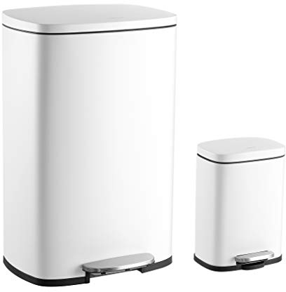 Happimess HPM1006C Mini poubelle en acier à pédale gratuite Fermeture du couvercle en douceur, Poubelle pour Maison, Bureau, Cuisine, Grand : 50 L, Petit : 5 L, Blanc