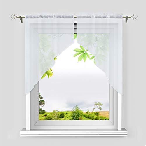 HeichkelL Voile Scheibengardine 2-Teilige Kleinfenster Gardine mit Tunnelzug Bogen Kurzstores Küchengardinen leichte Qualität Weiß BxH 120x125 cm (Jedes Stück)