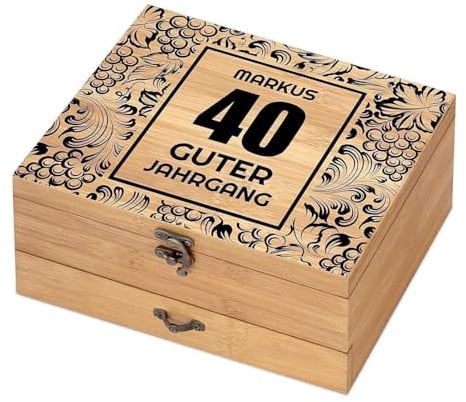 Maverton 8er Weinöffner-Set personalisiert, Bambus Weinset Sommelier Set | Personalisiert Weinset Sommelier Set, Geschenkbox Holzbox + 8er Weinzubehörset, Geschenk zum Geburtstag für Männer