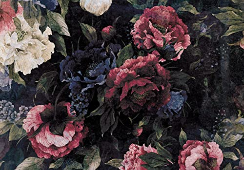Fototapete Vintage Blumen Rosen Retro Pfingstrose Schwarz Romantisch Wohnzimmer Schlafzimmer Wandtapete Vlies Tapete UV-Beständig Montagefertig (13534, V8 (368x254 cm) 4 Bahnen)