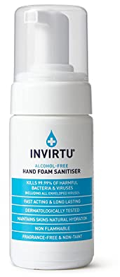 INVIRTU Alcohol Free Antibacterial Hand Sanitiser Foam (100ml) - Kills 99.9% Of Bacteria & Viruses - Great Hand Sanitiser For Travel & Festivals – Non-Scented Disinfectant - Kind To Skin