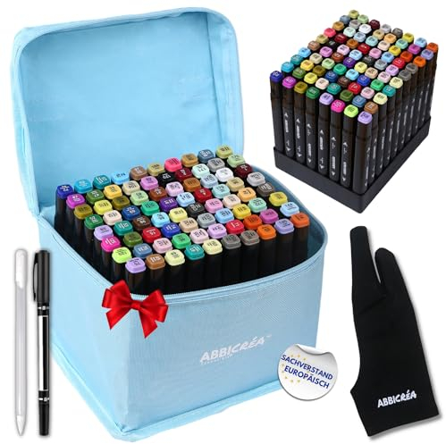 80 Feutres alcool ABBICREA double pointe kit dessin : trousse, liners et gants artiste OFFERTS | Coloriage adulte, enfant, débutant ou professionnel | Marqueurs permanents indélébiles qualité