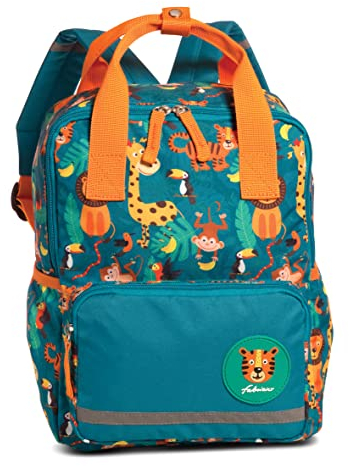 Kinderrucksack für Jungen mit Tiermotiven– Kindergartenrucksack von 3-6 Jahren mit Tigern, Affen, Giraffen und vielen mehr, Kita- und Kindergarten Rucksack – 30cm x 23cm x 12cm - 8L Petrol/Orange