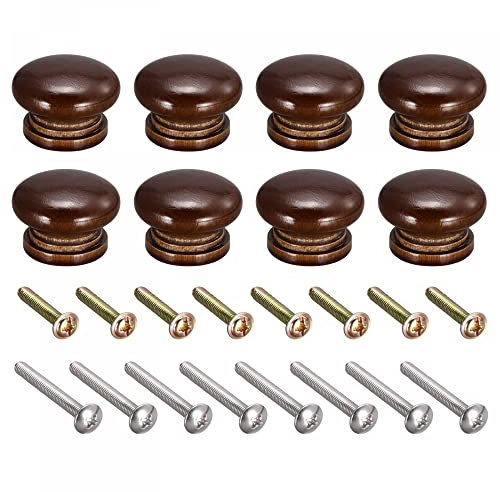 sourcing map Round Wood Knobs, 8pcs 33x23mm Pull Handles for Drawer with Screws Dark Brown