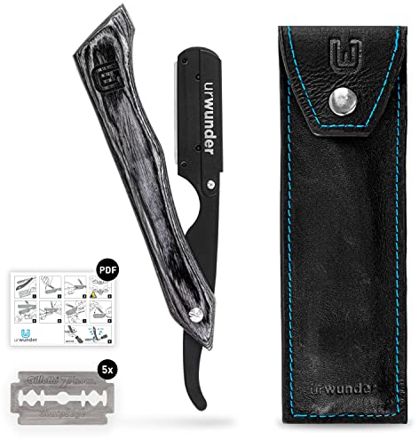 Präzises Premium-Rasiermesser + Hochwertiges Echtleder-Etui + Einfache Anleitungen + Scharfe Wechselklingen | urwunder Fangz | Perfekt rasieren (Schwarz/Schwarz)