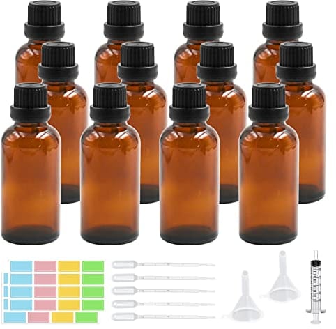 Episkey 12 Stück Braunglasflasche 50ml, Tropfflasche aus Glas Braune Apothekerflasche Set inkl. kleine Glasflaschen Tropfer Trichter Spritze und Etikett (Braun, 50ml)